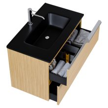 HD Cremona Hickory 60 komplett fürdőszoba bútor fali mosdószekrénnyel, fényes króm fogantyúkkal, matt fekete slim mosdóval és tükörrel