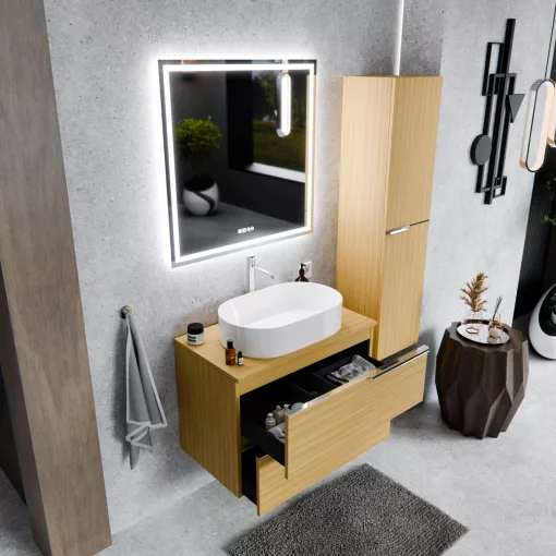 HD Carona Hickory 60/80 fali mosdószekrény hikoridió színű mosdópulttal és fényes króm fogantyúkkal