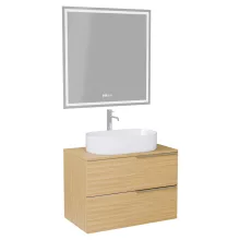 HD Carona Hickory 60 komplett fürdőszoba bútor fali mosdószekrénnyel, fényes króm fogantyúkkal, hikoridió színű mosdópulttal és tükörrel