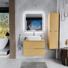 HD Carona Hickory 60 komplett fürdőszoba bútor fali mosdószekrénnyel, fényes króm fogantyúkkal, hikoridió színű mosdópulttal és tükörrel
