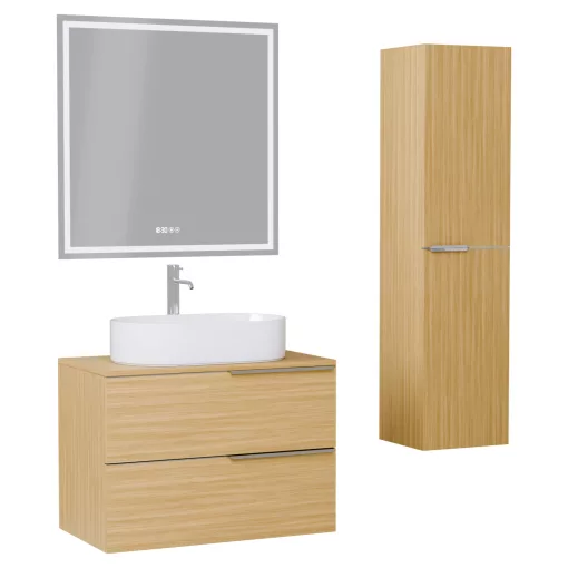 HD Carona Hickory 60 komplett fürdőszoba bútor szett fali mosdószekrénnyel, fényes króm fogantyúkkal, hikoridió színű mosdópulttal, tükörrel és magas szekrénnyel