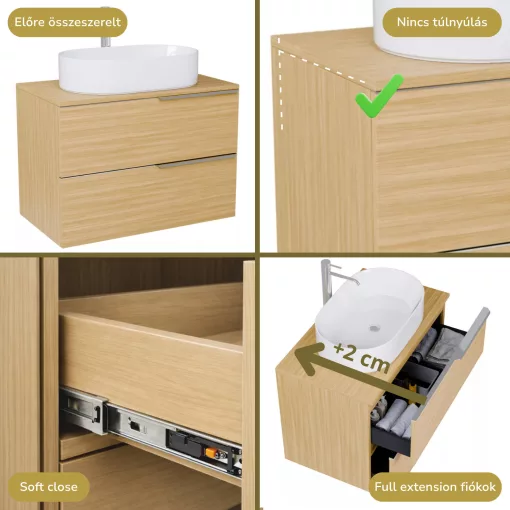 HD Carona Hickory 60 komplett fürdőszoba bútor szett fali mosdószekrénnyel, fényes króm fogantyúkkal, hikoridió színű mosdópulttal, tükörrel és magas szekrénnyel