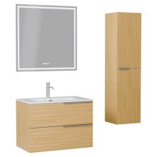 HD Cremona Hickory 60 komplett fürdőszoba bútor szett fali mosdószekrénnyel, szálcsiszolt króm fogantyúkkal, fényes fehér slim mosdóval, tükörrel és magas szekrénnyel