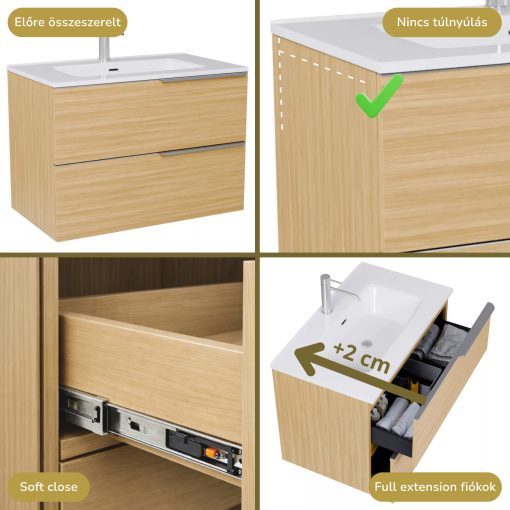 HD Cremona Hickory 60 komplett fürdőszoba bútor szett fali mosdószekrénnyel, szálcsiszolt króm fogantyúkkal, fényes fehér slim mosdóval, tükörrel és magas szekrénnyel