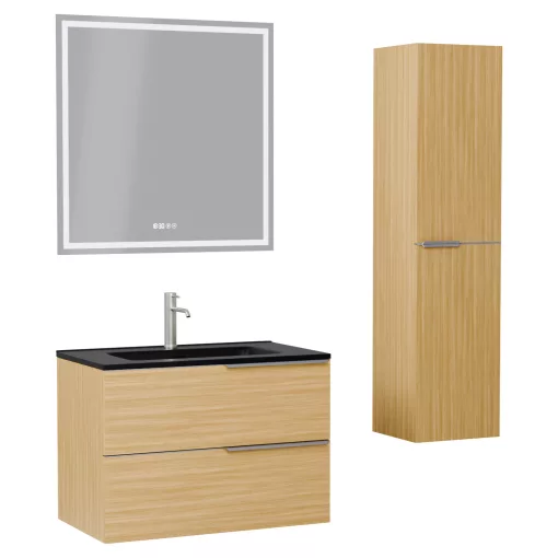 HD Cremona Hickory 60 komplett fürdőszoba bútor szett fali mosdószekrénnyel, szálcsiszolt króm fogantyúkkal, matt fekete slim mosdóval, tükörrel és magas szekrénnyel