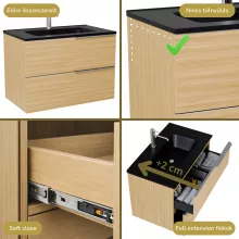 HD Cremona Hickory 60 komplett fürdőszoba bútor szett fali mosdószekrénnyel, szálcsiszolt króm fogantyúkkal, matt fekete slim mosdóval, tükörrel és magas szekrénnyel