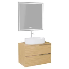 HD Carona Hickory 60 komplett fürdőszoba bútor fali mosdószekrénnyel, szálcsiszolt króm fogantyúkkal, hikoridió színű mosdópulttal és tükörrel