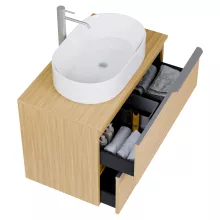 HD Carona Hickory 60 komplett fürdőszoba bútor szett fali mosdószekrénnyel, szálcsiszolt króm fogantyúkkal, hikoridió színű mosdópulttal, tükörrel és magas szekrénnyel