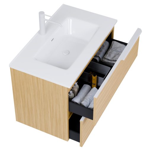 HD Cremona Hickory 60 fali mosdószekrény matt fehér fogantyúkkal és fényes fehér slim mosdóval