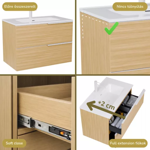 HD Cremona Hickory 60 fali mosdószekrény matt fehér fogantyúkkal és fényes fehér slim mosdóval