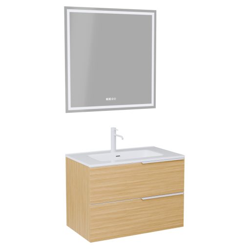 HD Cremona Hickory 60 komplett fürdőszoba bútor fali mosdószekrénnyel, matt fehér fogantyúkkal, fényes fehér slim mosdóval és tükörrel