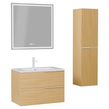 HD Cremona Hickory 60 komplett fürdőszoba bútor szett fali mosdószekrénnyel, matt fehér fogantyúkkal, fényes fehér slim mosdóval, tükörrel és magas szekrénnyel