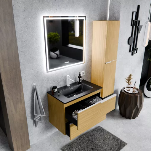 HD Cremona Hickory 60 fali mosdószekrény matt fehér fogantyúkkal és matt fekete slim mosdóval