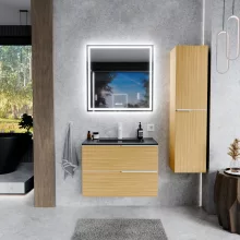 HD Cremona Hickory 60 fali mosdószekrény matt fehér fogantyúkkal és matt fekete slim mosdóval