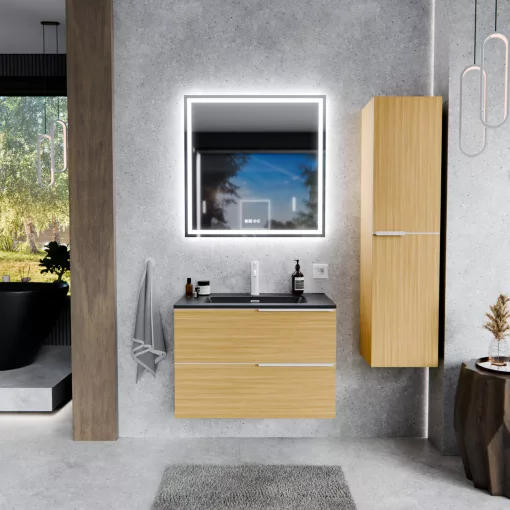 HD Cremona Hickory 60 fali mosdószekrény matt fehér fogantyúkkal és matt fekete slim mosdóval