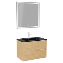 HD Cremona Hickory 60 komplett fürdőszoba bútor fali mosdószekrénnyel, matt fehér fogantyúkkal, matt fekete slim mosdóval és tükörrel