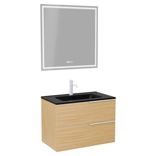 HD Cremona Hickory 60 komplett fürdőszoba bútor fali mosdószekrénnyel, matt fehér fogantyúkkal, matt fekete slim mosdóval és tükörrel