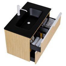 HD Cremona Hickory 60 komplett fürdőszoba bútor fali mosdószekrénnyel, matt fehér fogantyúkkal, matt fekete slim mosdóval és tükörrel