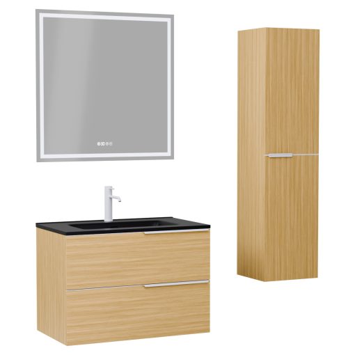 HD Cremona Hickory 60 komplett fürdőszoba bútor szett fali mosdószekrénnyel, matt fehér fogantyúkkal, matt fekete slim mosdóval, tükörrel és magas szekrénnyel