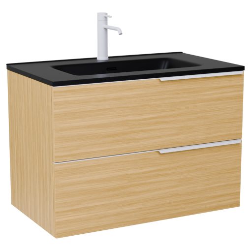 HD Cremona Hickory 60 komplett fürdőszoba bútor szett fali mosdószekrénnyel, matt fehér fogantyúkkal, matt fekete slim mosdóval, tükörrel és magas szekrénnyel