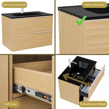 HD Cremona Hickory 60 komplett fürdőszoba bútor szett fali mosdószekrénnyel, matt fehér fogantyúkkal, matt fekete slim mosdóval, tükörrel és magas szekrénnyel