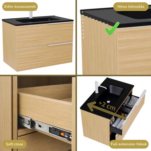 HD Cremona Hickory 60 komplett fürdőszoba bútor szett fali mosdószekrénnyel, matt fehér fogantyúkkal, matt fekete slim mosdóval, tükörrel és magas szekrénnyel