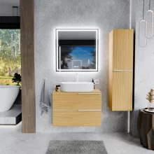 HD Carona Hickory 60 fali mosdószekrény hikoridió színű mosdópulttal és matt fehér fogantyúkkal