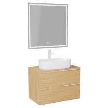 HD Carona Hickory 60 komplett fürdőszoba bútor fali mosdószekrénnyel, matt fehér fogantyúkkal, hikoridió színű mosdópulttal és tükörrel