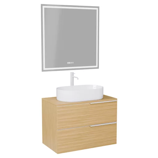 HD Carona Hickory 60 komplett fürdőszoba bútor fali mosdószekrénnyel, matt fehér fogantyúkkal, hikoridió színű mosdópulttal és tükörrel