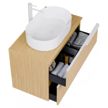 HD Carona Hickory 60 komplett fürdőszoba bútor fali mosdószekrénnyel, matt fehér fogantyúkkal, hikoridió színű mosdópulttal és tükörrel