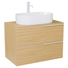 HD Carona Hickory 60 komplett fürdőszoba bútor szett fali mosdószekrénnyel, matt fehér fogantyúkkal, hikoridió színű mosdópulttal, tükörrel és magas szekrénnyel