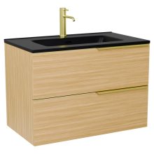 HD Cremona Hickory 60 fali mosdószekrény szálcsiszolt arany fogantyúkkal és matt fekete slim mosdóval