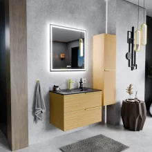 HD Cremona Hickory 60 fali mosdószekrény szálcsiszolt arany fogantyúkkal és matt fekete slim mosdóval