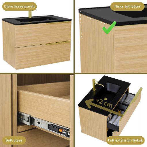 HD Cremona Hickory 60 fali mosdószekrény szálcsiszolt arany fogantyúkkal és matt fekete slim mosdóval