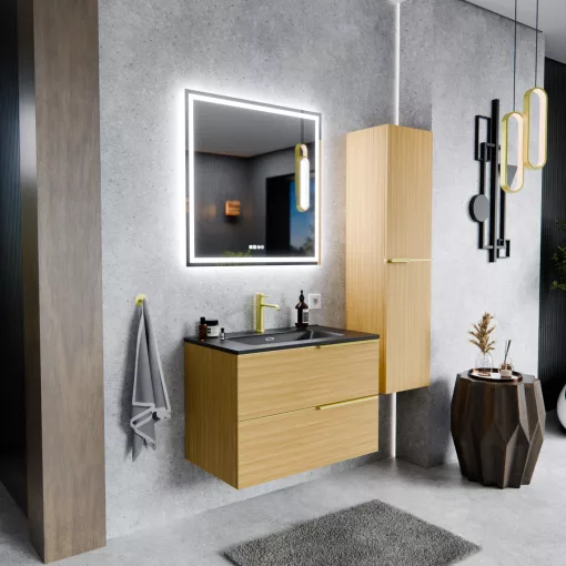 HD Cremona Hickory 60 fali mosdószekrény szálcsiszolt arany fogantyúkkal és matt fekete slim mosdóval