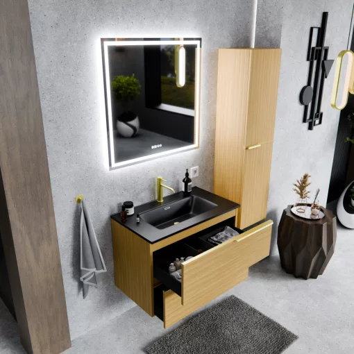 HD Cremona Hickory 60 fali mosdószekrény szálcsiszolt arany fogantyúkkal és matt fekete slim mosdóval