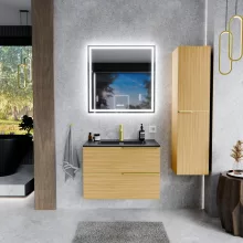 HD Cremona Hickory 60 fali mosdószekrény szálcsiszolt arany fogantyúkkal és matt fekete slim mosdóval
