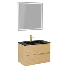 HD Cremona Hickory 60 komplett fürdőszoba bútor fali mosdószekrénnyel, szálcsiszolt arany fogantyúkkal, matt fekete slim mosdóval és tükörrel