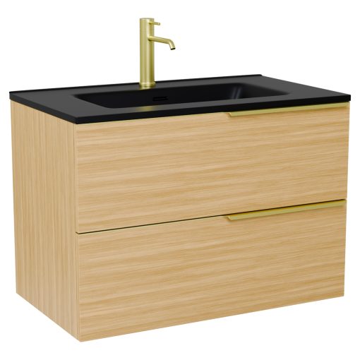 HD Cremona Hickory 60 komplett fürdőszoba bútor fali mosdószekrénnyel, szálcsiszolt arany fogantyúkkal, matt fekete slim mosdóval és tükörrel