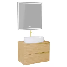 HD Carona Hickory 60 komplett fürdőszoba bútor fali mosdószekrénnyel, szálcsiszolt arany fogantyúkkal, hikoridió színű mosdópulttal és tükörrel