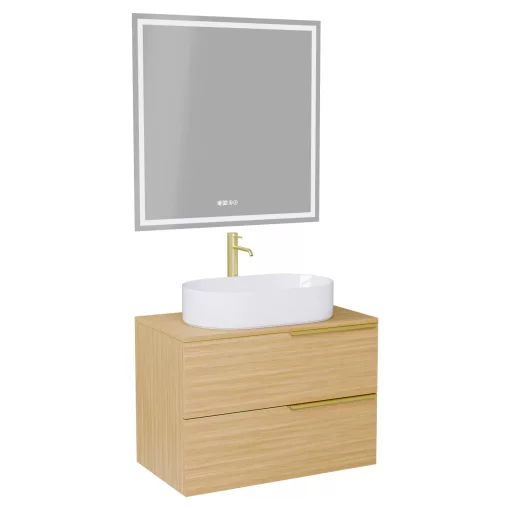 HD Carona Hickory 60 komplett fürdőszoba bútor fali mosdószekrénnyel, szálcsiszolt arany fogantyúkkal, hikoridió színű mosdópulttal és tükörrel