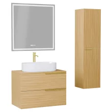 HD Carona Hickory 60 komplett fürdőszoba bútor szett fali mosdószekrénnyel, szálcsiszolt arany fogantyúkkal, hikoridió színű mosdópulttal, tükörrel és magas szekrénnyel