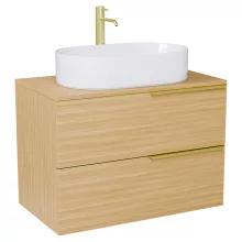 HD Carona Hickory 60 komplett fürdőszoba bútor szett fali mosdószekrénnyel, szálcsiszolt arany fogantyúkkal, hikoridió színű mosdópulttal, tükörrel és magas szekrénnyel