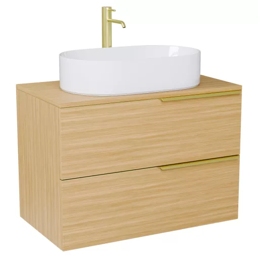 HD Carona Hickory 60 komplett fürdőszoba bútor szett fali mosdószekrénnyel, szálcsiszolt arany fogantyúkkal, hikoridió színű mosdópulttal, tükörrel és magas szekrénnyel