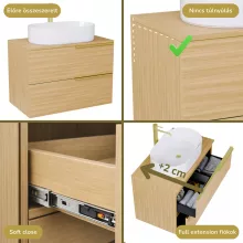 HD Carona Hickory 60 komplett fürdőszoba bútor szett fali mosdószekrénnyel, szálcsiszolt arany fogantyúkkal, hikoridió színű mosdópulttal, tükörrel és magas szekrénnyel