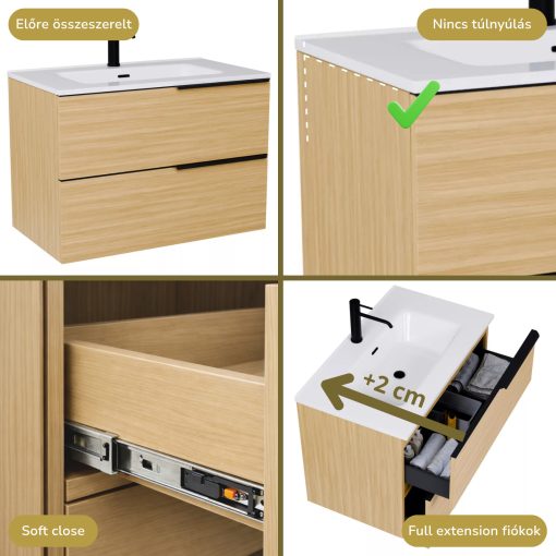 HD Cremona Hickory 60 fali mosdószekrény matt fekete fogantyúkkal és fényes fehér slim mosdóval