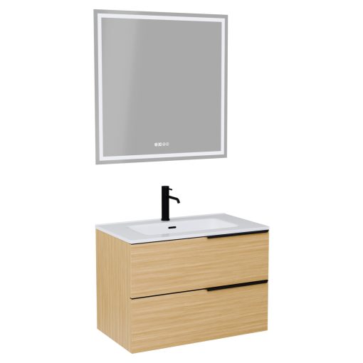 HD Cremona Hickory 60 komplett fürdőszoba bútor fali mosdószekrénnyel, matt fekete fogantyúkkal, fényes fehér slim mosdóval és tükörrel