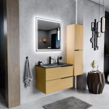 HD Cremona Hickory 60 fali mosdószekrény matt fekete fogantyúkkal és matt fekete slim mosdóval