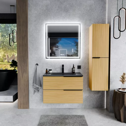 HD Cremona Hickory 60 fali mosdószekrény matt fekete fogantyúkkal és matt fekete slim mosdóval