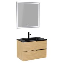 HD Cremona Hickory 60 komplett fürdőszoba bútor fali mosdószekrénnyel, matt fekete fogantyúkkal, matt fekete slim mosdóval és tükörrel